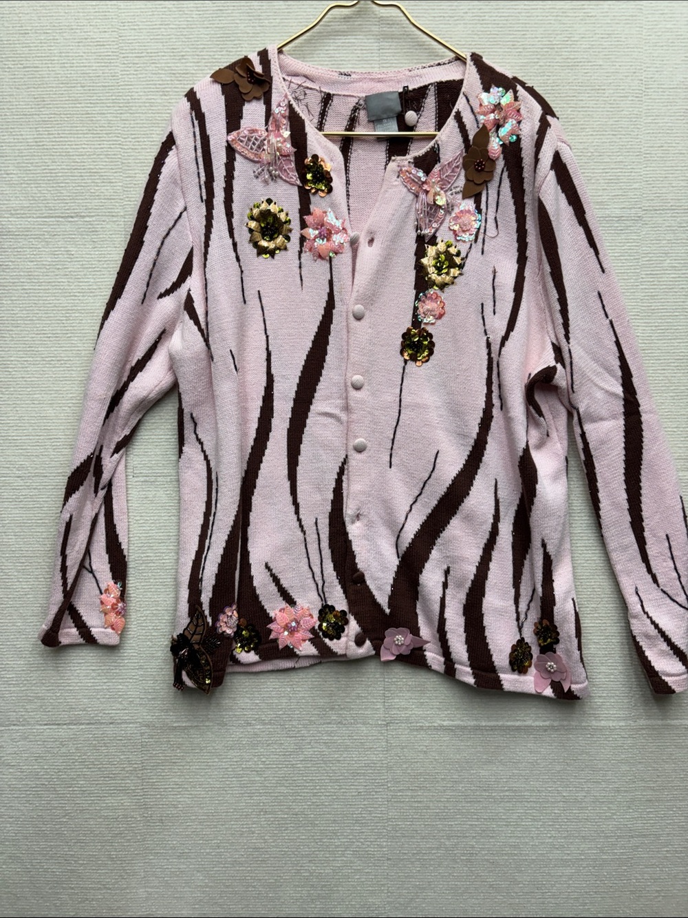 berek Pink & Brown Floral Sequin Button-Front Cardigani 1x